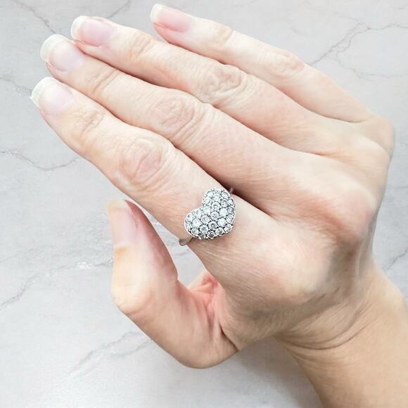 HEART Sterling Silver Puffy Pave Cute Dainty Clear CZ Ring Vintage 925 Size 7 - Picture 2 of 5